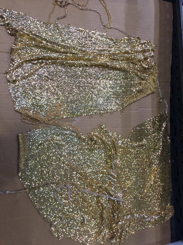 Photo 3 of Women's Sexy Rhinestone Chain Halter Sleeveless Backless Metal Vest Sequin Crop Shirts Body Chain for Nightclub Party (Gold)(you need to put it together)Medium Size 