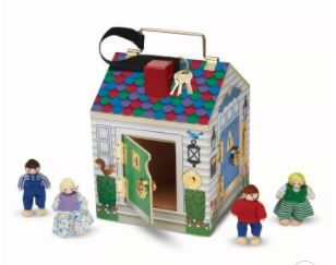 Photo 1 of Melissa & Doug Take-Along Wooden Doorbell Dollhouse - Doorbell Sounds, Keys, 4 Poseable Wooden Dolls
