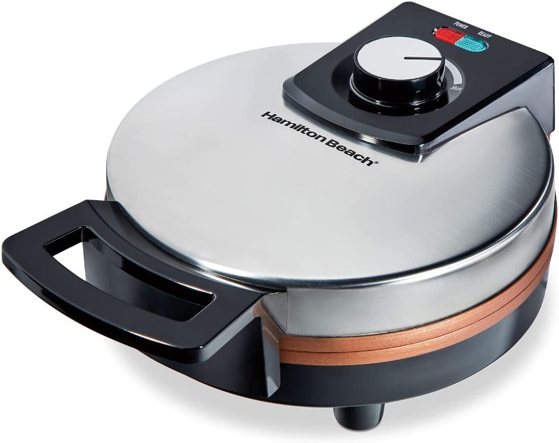 Photo 1 of Hamilton Beach Belgian Waffle Maker with Non-Stick Copper Ceramic Plates, Browning Control, Indicator Lights, Stainless Steel (26081)
