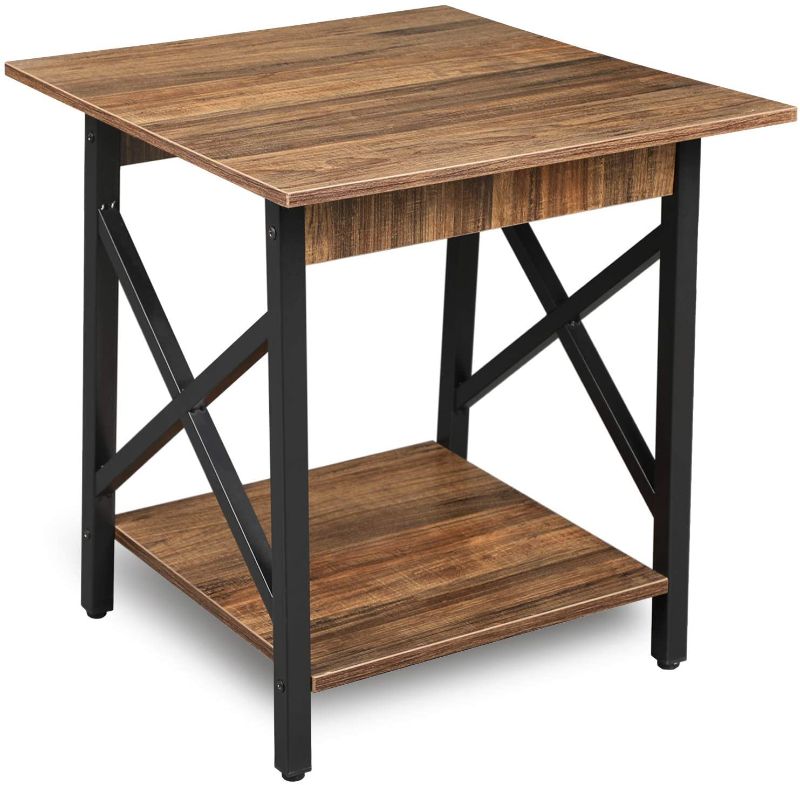 Photo 1 of 2 GreenForest End Table 24 inch Industrial Design Side Table with Storage Shelf for Living Room, Easy Assembly, Rustic Walnut
