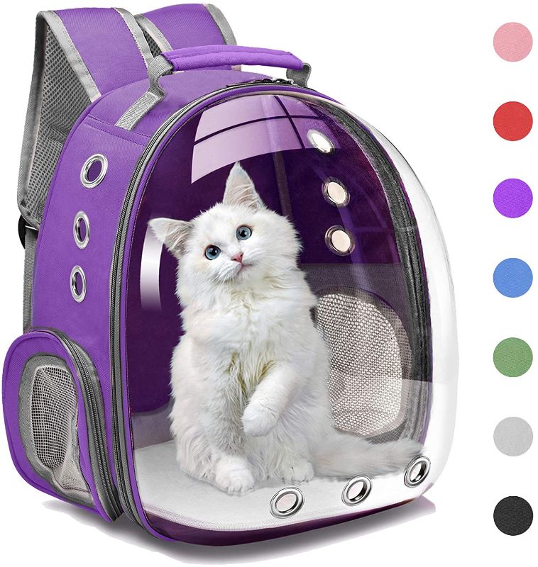 Photo 1 of Henkelion - Mochila con cápsula espacial para transportar gatos, perros pequeños o mascotas; adecuada para senderismo, portamascotas aprobado por aerolíneas; color negro, gris, rosa, azul, morado, verde
