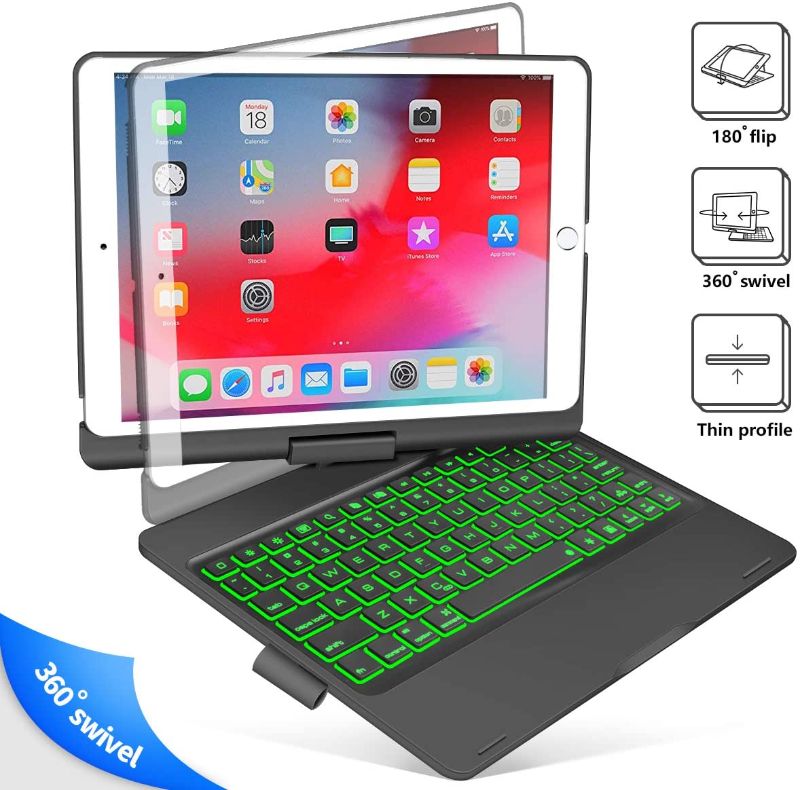 Photo 1 of iPad Keyboard Case for iPad 6th Gen 2018, iPad 5th Gen 2017, iPad Pro 9.7, iPad Air 2, iPad Air 1, 360 Screen Rotation 7 Colors Backlight iPad Case with Keyboard - Black