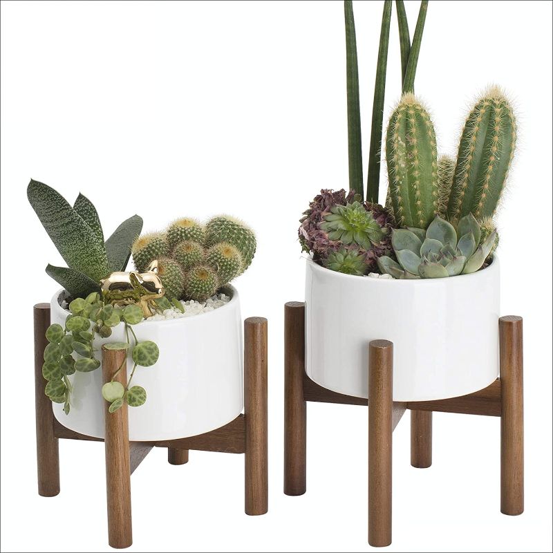 Photo 1 of 2 Pack Mid Century Modern Succulent Planter Tabletop, 5 Inch Pot with Wood Stand and Hidden Saucer