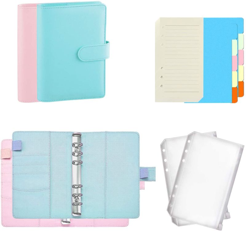 Photo 1 of 94PCS A6 PU Leather Notebook Binder Set, 80PCS A6 Loose Leaf Paper 2PCS Loose Leaf Zipper Pocket 10PCS Colored Paging Paper, Waterproof Binder with Magnetic Buckle Closure for Inner Paper(Pink, Blue)
