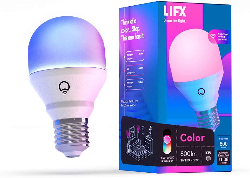 Photo 1 of LIFX Color A19 800 lumens, Billions of Colors and Whites, Wi-Fi Smart LED Light Bulb, No bridge required, Works with Alexa, Hey Google, HomeKit and Siri.
