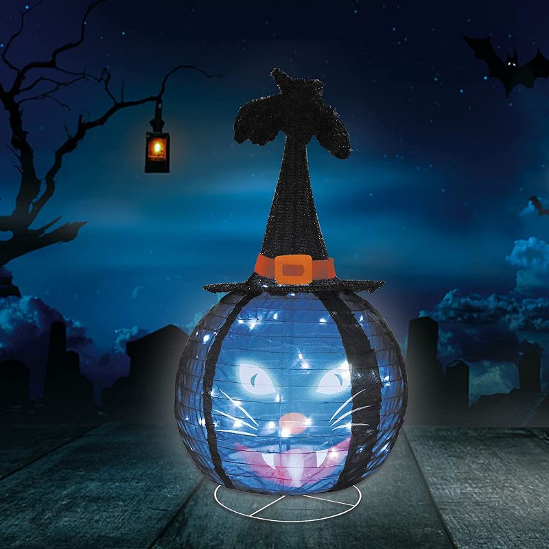 Photo 1 of Black Cat with Bat Witch Hat Decor, 2 Modes Battery Operated Lights Outdoor Indoor, Halloween Decorations Clearance with LED Lights Built-in for Home Yard Garden Lawn Decor (Bat Witch Hat)
