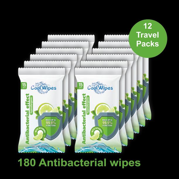 Photo 1 of 12 Travel packs CoolWipes Sanitizing Wipes with vitamins A, E, C and D-panthenol | Sanitizing Antibacterial Moisturizing & Hypoallergenic Tissues for Hands & Full Body Cleaning Pack | 180 pcs total
