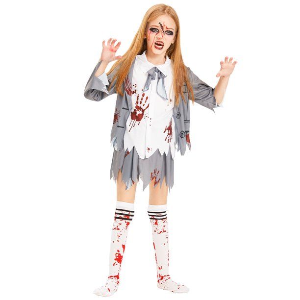 Photo 1 of IKALI Zombie Student Costume for Girls Halloween Horror School Theme Party Outfit Kids Role Play Fancy Suit 3Pcs
