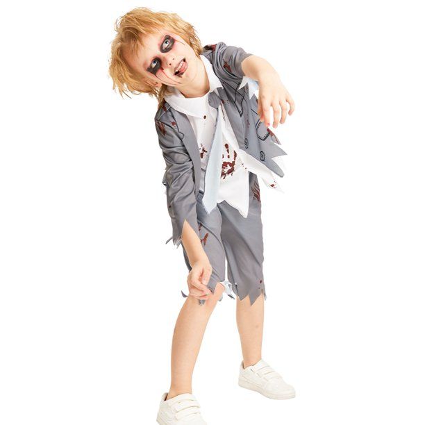 Photo 1 of IKALI Zombie Student Costume for Boys Halloween Horror School Theme Party Outfit Kids Role Play Fancy Suit 3Pcs (PACK OF 2)
