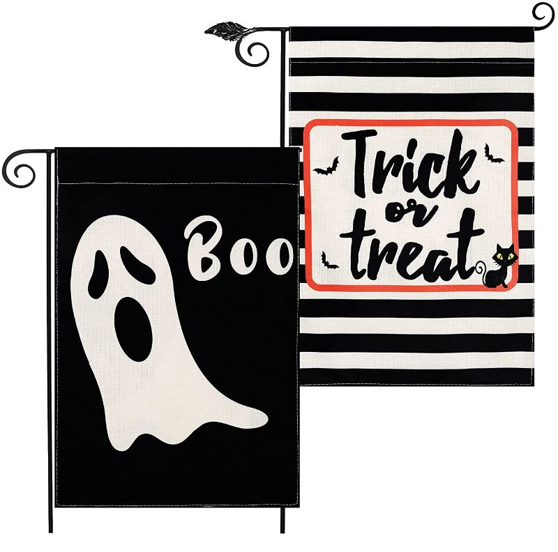 Photo 1 of 2Pcs Halloween Garden Flags 12x18 Double Sided, Vertical Boo Ghost Trick or Treat Stripe Black Cat Bat Halloween Yard Flags for Halloween Decorations Outdoor Banner Sign Seasonal Holiday Outside Decor- 5 PK