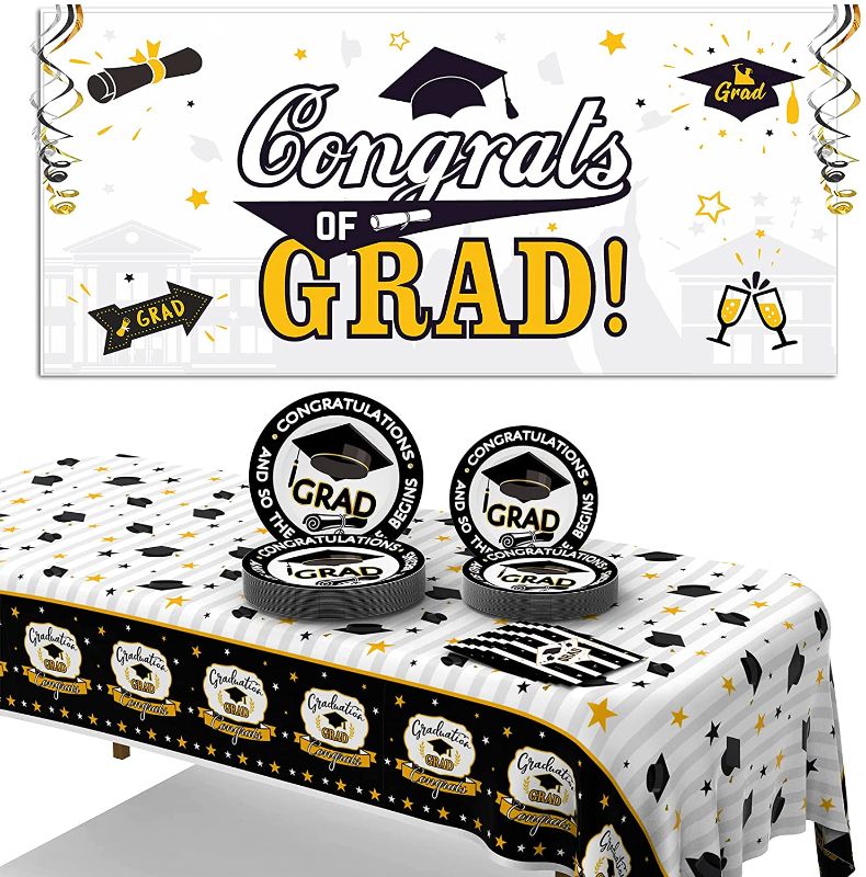 Photo 1 of 2021 Graduation Decorations Party Decorations, Graduation Party Supplies Congrats Grad! Including graduation 2021 plates and napkins, Tablecloth, banner, Hanging Swirls