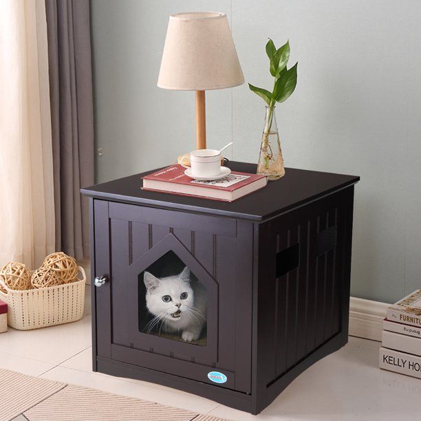 Photo 1 of Coziwow Wooden Cat Litter Box Enclosure, Cat House Side Table Pet Nightstand Indoor Pet Crate, Brown
