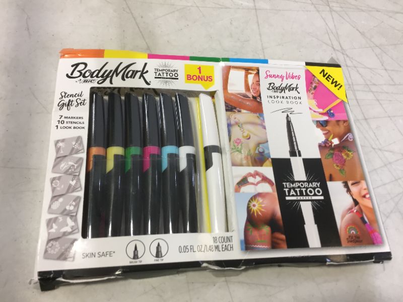 Photo 2 of BodyMark by BIC, Temporary Tattoo Marker and Stencil Kit, Sunny Vibes Inspiration, Skin Safe, Mixed Brush Tip & Fine Tip, Assorted Colors, 6-Pack + 1 Bonus Marker