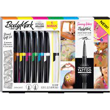 Photo 1 of BodyMark by BIC, Temporary Tattoo Marker and Stencil Kit, Sunny Vibes Inspiration, Skin Safe, Mixed Brush Tip & Fine Tip, Assorted Colors, 6-Pack + 1 Bonus Marker