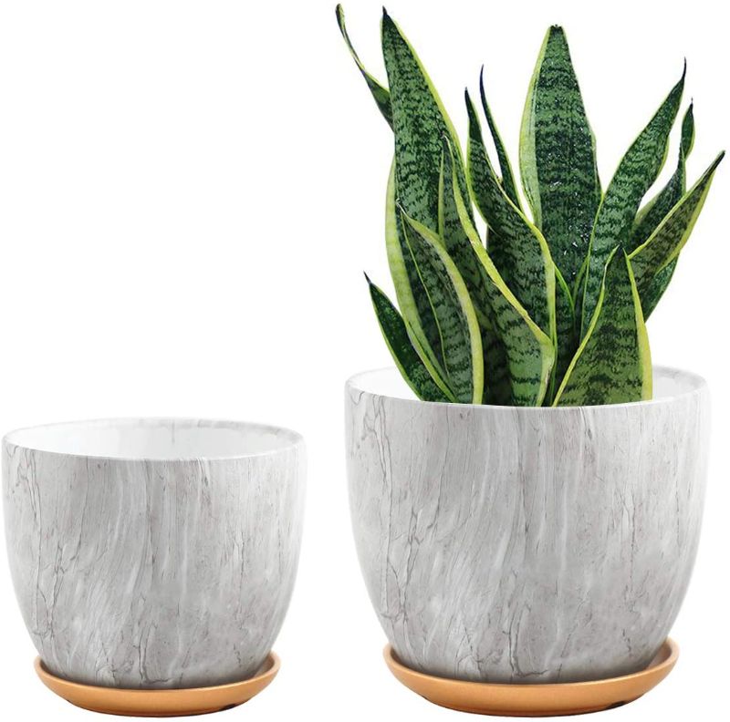 Photo 1 of 7 Inch Plant Pot with Drainage and Saucer, 5.5 Inch Ceramic Planters Indoor Plants, Flower Plant Pot Outdoor, Marble Planter Grey Indoor Pots for Plants (7"+5.5" Plant Pot and Gold Saucers Inculded)
