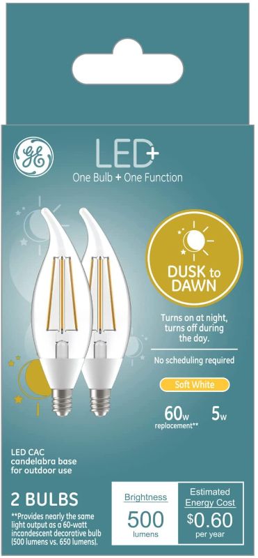 Photo 1 of GE Lighting LED+ Dusk to Dawn Outdoor Decorative LED Light Bulb with Sunlight Sensor, 60-Watt Replacement, Soft White, Candelabra Base, CAC Damp Rated, 2-Pack
