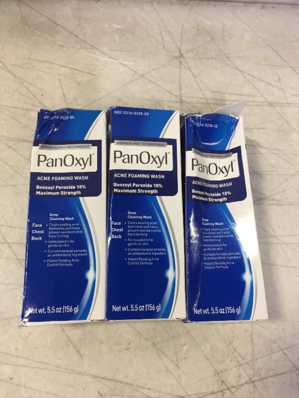 Photo 2 of 3 Pack - PanOxyl Maximum Strength Antimicrobial Acne Foaming Wash for Face, Chest and Back with 10% Benzoyl Peroxide - 5.5oz exp 06.2023