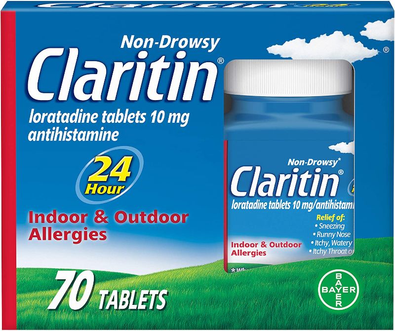 Photo 1 of Claritin 24 Hour Allergy Medicine, Non-Drowsy Prescription Strength Allergy Relief, Loratadine Antihistamine Tablets, 70 Count EXP 10/2022
