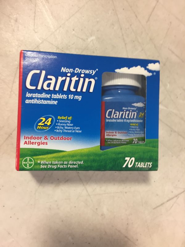 Photo 1 of Claritin 24 Hour Allergy Medicine, Non-Drowsy Prescription Strength Allergy Relief, Loratadine Antihistamine Tablets, 70 Count EXP 10/2022
