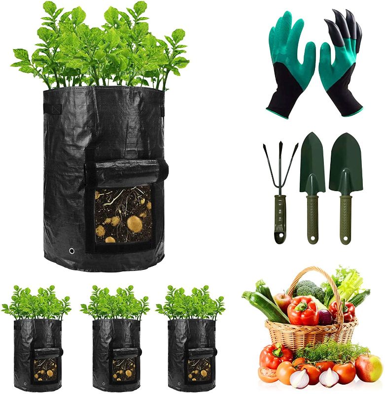 Photo 1 of BIEZIAYA 4 Packs 7 Gallon Potato Grow Bags,Heavy Duty Thickened Vegetable Grow Pots with 3 Tools,1 Gardening Gloves Claws for Tomato,Carrot,Onion,Fruits,Flower Vegetable Planter
