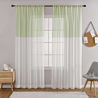 Photo 1 of Color Block Curtains for Living Room Green and White Linen Look Sheer Curtains 72 Inches Long 2 Panels Rod Pocket Farmhouse Stripe Drape Treatment for Bedroom Decor, MYSKY HOME