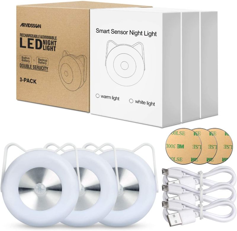 Photo 1 of Rechargeable Motion Sensor LED Puck Lights, Battery-Powered Under Cabinet Lighting, Magnetic Stick-on Lights, Wireless Closet Light, Under Counter Lights, 3-Pack