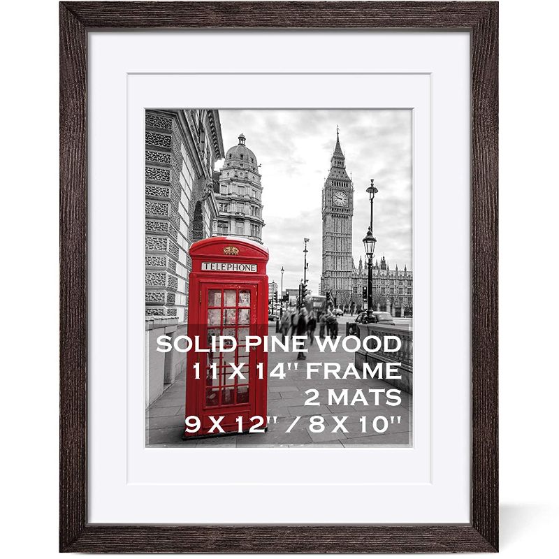 Photo 1 of 11x14 Rustic Picture Frames Solid Wood - Display Pictures 9x12 or 8x10 with Mat or 11x14 Frame without Mat - Farmhouse Wooden Photo Frame 11x14 inch with 2 Mats for Wall Mounting or Table Top