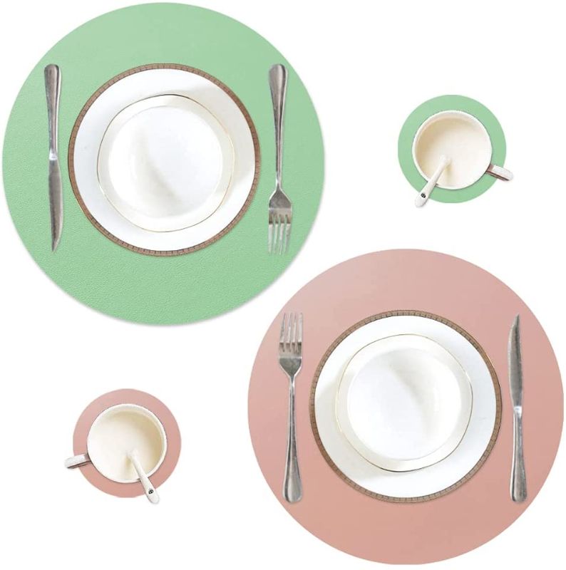 Photo 1 of 4Pcs Leather Placemats with Coasters Dual-Sided Round Table Mats Upgraded PU and Color in 2021 (Pink+Green)