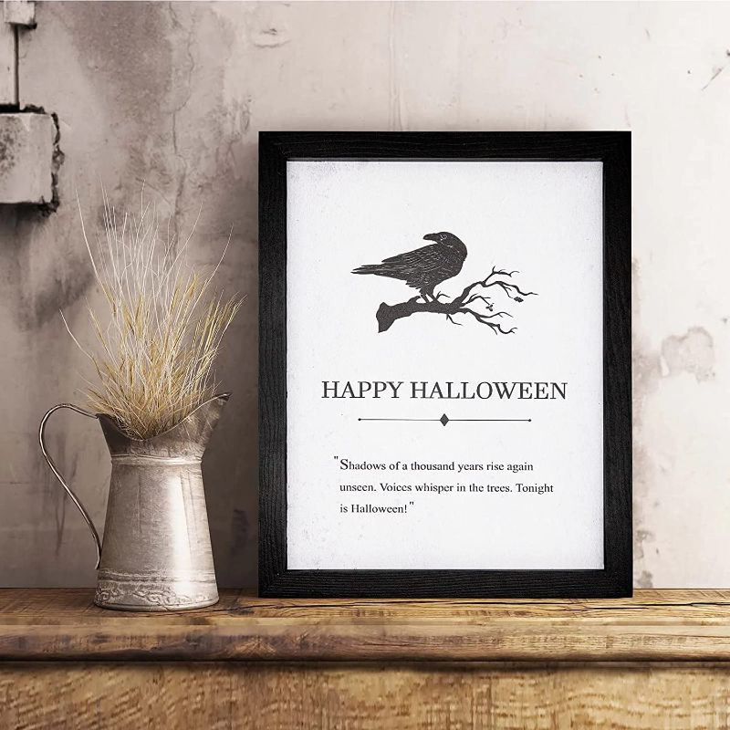 Photo 1 of Halloween Decor | Happy Halloween Farmhouse Wall Sign | Black Wooden Frame 14''x11'' with Terrifying Crow Print | Vintage Halloween Decorations Indoor
