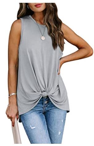 Photo 1 of Berryou Womens Sleeveless Tank Tops Tie Knot Front Solid Round Neck Loose T Shirts Gray Large