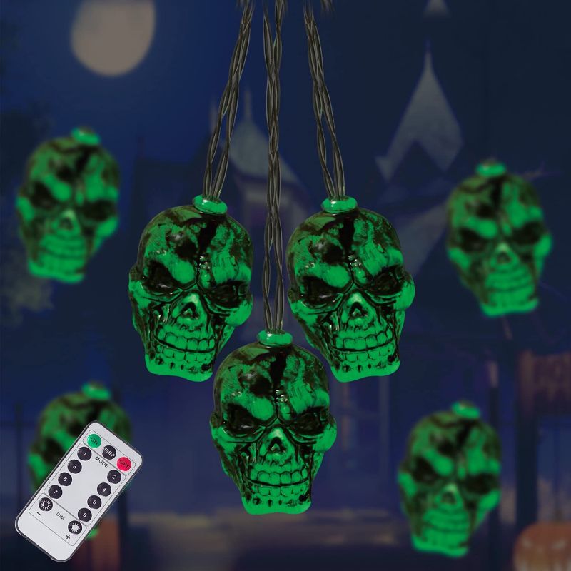 Photo 1 of 4 pack - Halloween Skeleton Skull Lights, Halloween Lights Horror with Battery Operated 30LEDS?Waterproof 8 Modes Skull Lights?skeleton Lights for Halloween Party, Yard, House, Haunted House Decorations?Green?