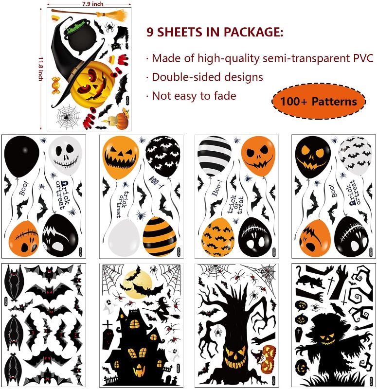 Photo 2 of 2 pack - 9 Sheet Halloween Window Clings for Glass, Pumpkin bat Spider Spooky Door Stickers, Halloween Decorations Glass Stickers Wall Decals for Home Party Decoration (139 Pcs) (total of 18 sheets and 278 pcs)