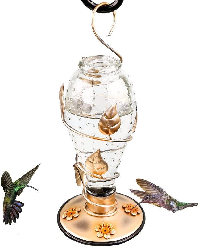 Photo 1 of AnnaStore Glass Hummingbird Feeder for Outdoor Hummingbird Feeders Wild Bird Feeder Hand Blown Mason Jar Hanging for Garden Yard Outside 23 Ounces Nectar Capacity
