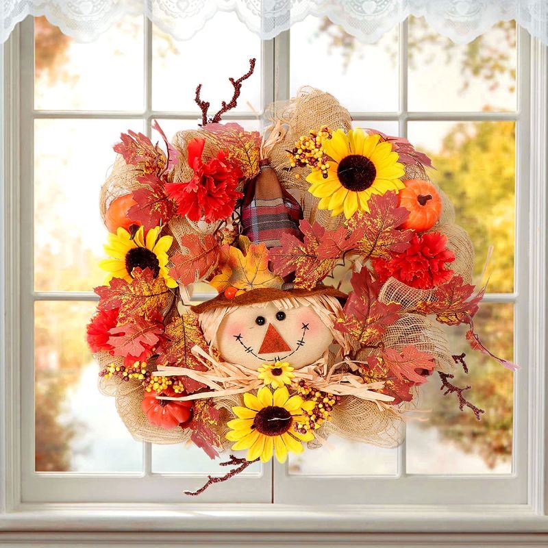 Photo 1 of GMOEGEFT Fall Wreath 15 Inches Burlap Front Door Wreath with Scarecrow Artificial Maples Leaf Pumpkin Flower Pine Cone Autumn Harvest Thanksgivings Decoration Home Indoor Outdoor (Orange & Red)
