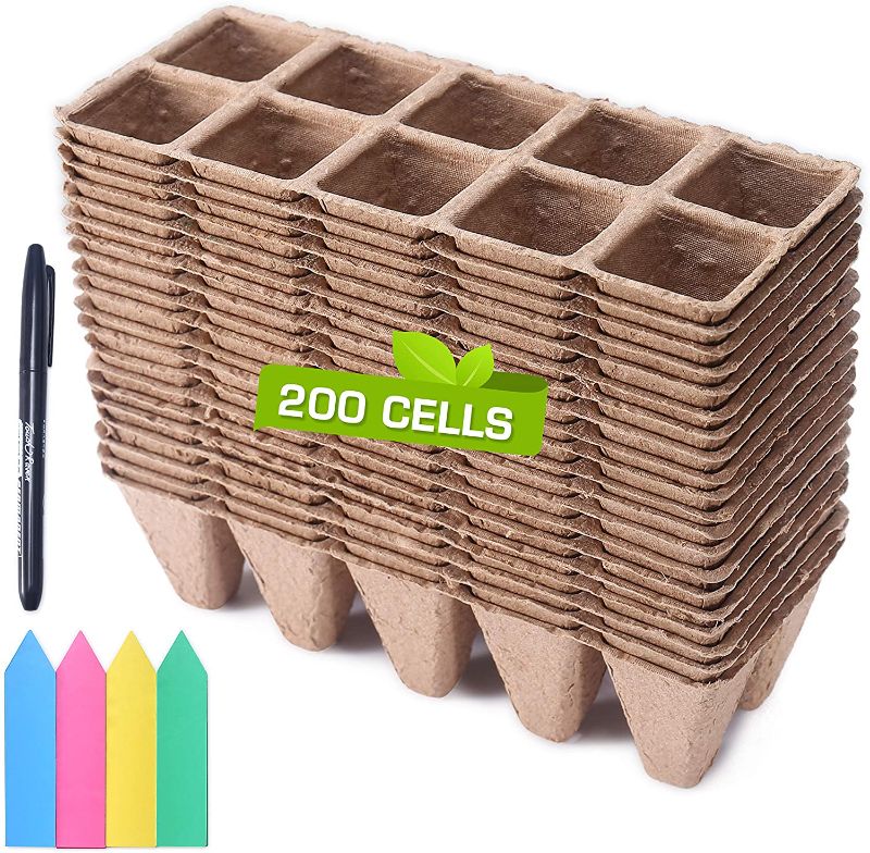 Photo 1 of FANGZHIDI 200 Cells Pulp Peat Pots Eco-Friendly Organic Nursery Germination Planter - Biodegradable Seedling Planting Kit for Indoor Outdoor Plants, Bonus 40 Labels and 1 Mark Pen
