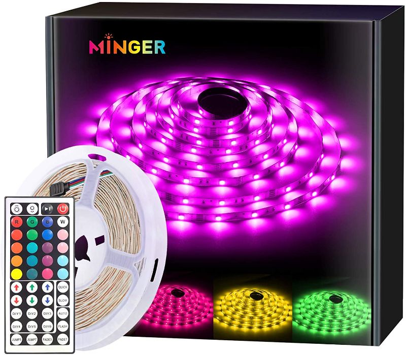 Photo 1 of Minger RGB LED Strip Lights, 16.4ft Waterproof Color Changing Light Strips with Remote Controller, 5050 LED and DIY Mode, Dimmable Full Light Strips for Bedroom, Room, Kitchen, Christmas Decoration
