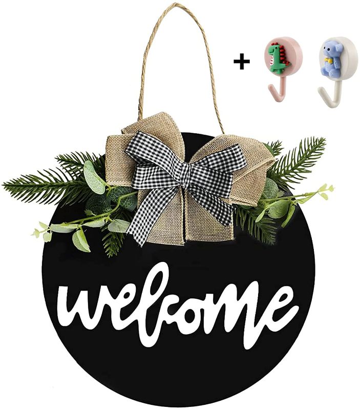 Photo 1 of 2 pack - jzseeo Welcome Sign for Front Door, Rustic Wooden Wreaths Sign for Farmhouse Porch, Plaid Bow Hanging Decorations, 12"X12" Round Door Sign for Window Wall Home Classroom With 2 Hooks