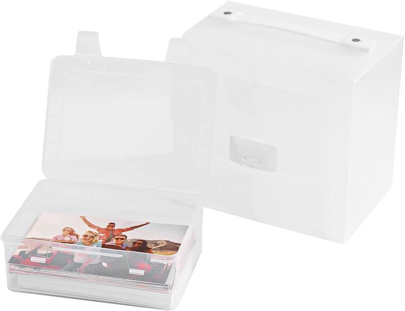 Photo 1 of Extra Large Photo Storage Boxes Organizer Set, 3 Inner Photo Cases Stores Up to 360 4" x 6" Photos, Clear Plastic Storage Craft Keeper with Handle Containers for Cards, Pens, Stickers, Stamps (White)
