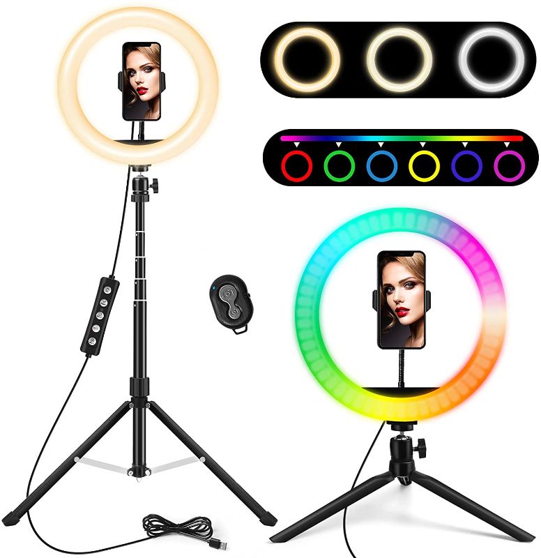 Photo 1 of Celkey 10" RGB Selfie anillo luz con trípode extensible de 63" y mini trípode de escritorio para maquillaje, fotografía, videos de YouTube, Vlog, TIK Tok compatible con iPhone y Android
