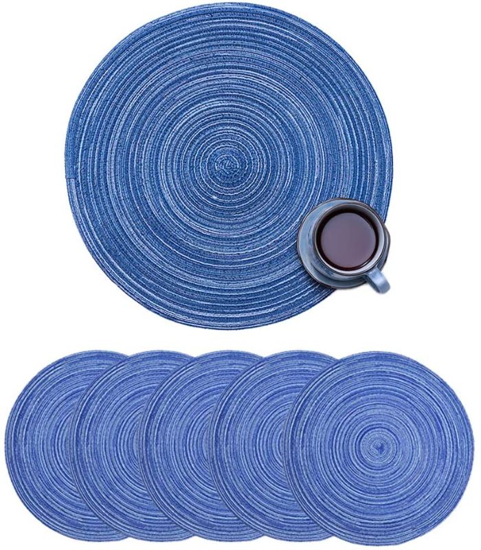 Photo 1 of 14in Big Round Placemat Heat-Insulating Cotton Yarn Place Mats Coffee Tea Steak Mats Non-Slip Home Kitchen Decor, Set of 6 (Blue)
