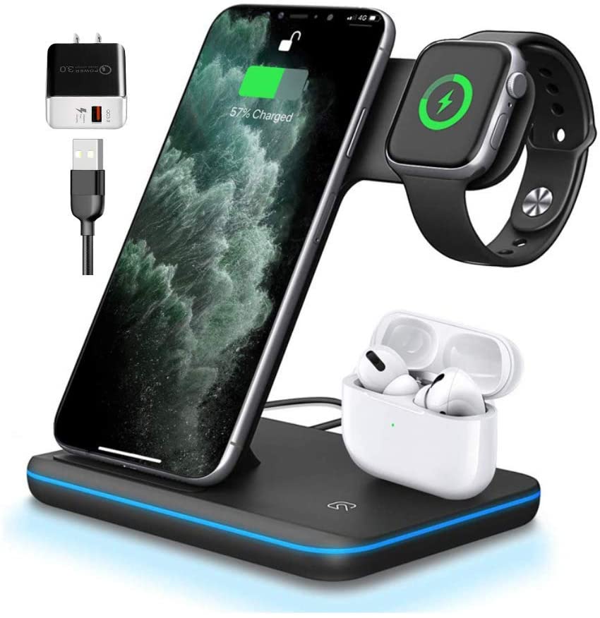 Photo 1 of Wireless Charger 3in1 (Black) Qi-Certified 15W Charging Station for Apple Watch Series 1 2 3 4 5 Airpods 1 2, Compatible for iPhone 8 X Xs Xr 11 12 11/12Pro,11/12ProMax,Samsung Galaxy S20 S10 S9 S8
