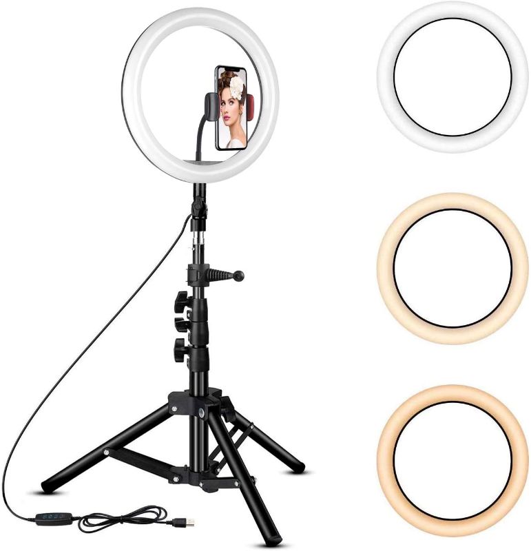 Photo 1 of Rovtop 10 inch Ring Light with Stand Tripod, LED Circle Lights with Phone Holder for Selfie Camera Photography Makeup Video Live Streaming
