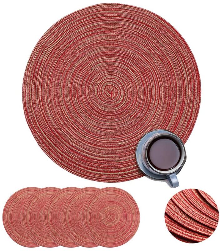 Photo 1 of 14in Big Round Placemat Heat-Insulating Table Dining Place Mats Coffee Tea Steak Mats Non-Slip Home Kitchen Decor, Set of 6(Red)
