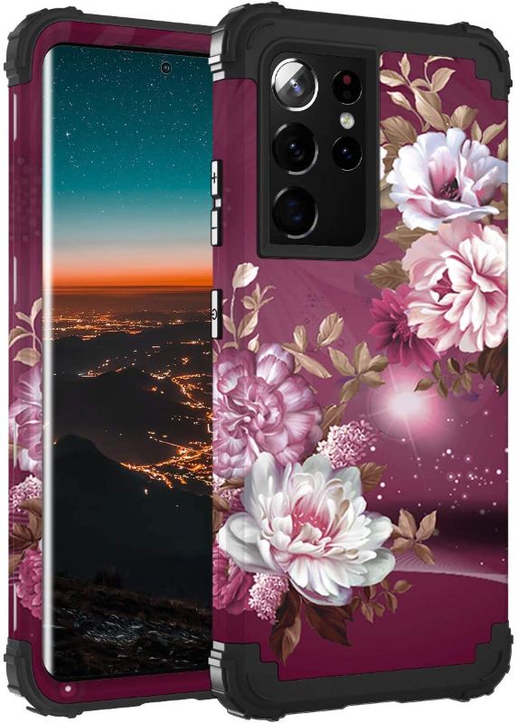 Photo 1 of 10 PACK - Hocase for Galaxy S21 Ultra Case, Shockproof Heavy Duty Hard Plastic+Soft Silicone Rubber Bumper Hybrid Protective Case for Samsung Galaxy S21 Ultra 5G (6.8-inch Display) 2021 - Royal Purple Flowers
