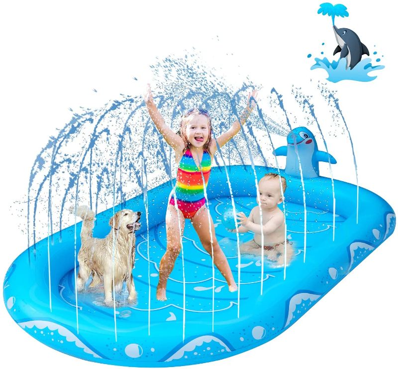 Photo 1 of 68" Sprinkler Splash Pad for Kids & Toddlers Spray Water Play Mat Inflatable, Backyard Baby Splash Wading Pool, Summer Outdoor Sprinkle Pad Toys for Girls and Boys, with Air Leak Sticker (Dolphin)
