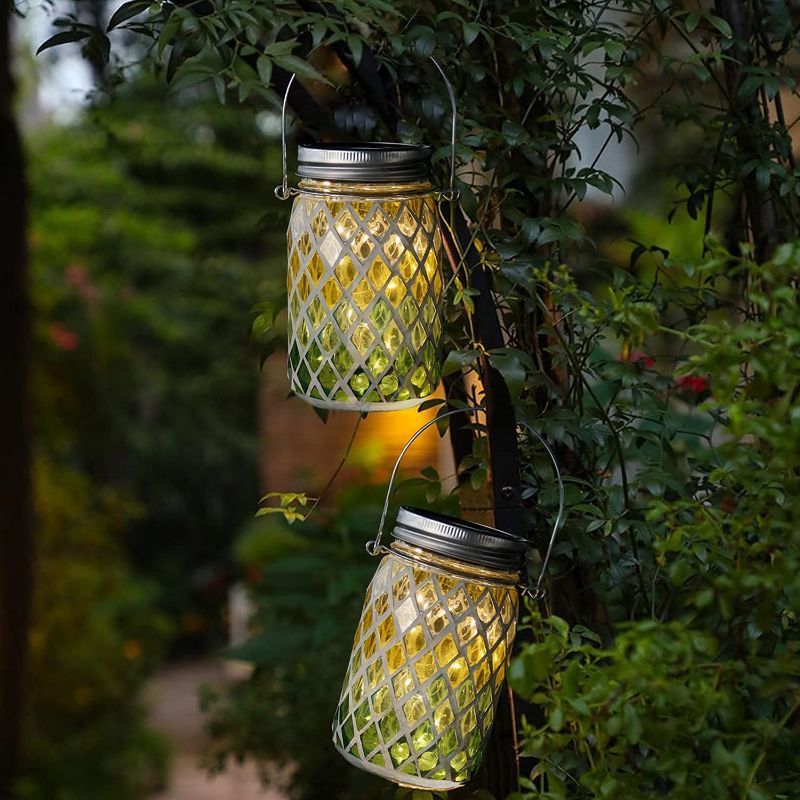 Photo 1 of 2-Pack Hanging Solar Lantern, Outdoor Garden Mason Jar Solar Lights, Waterproof Landscape Battery Powered Cordless Lamp for Patio, Decorative Lights for Yard Pathway Camping Picnic Hallway (Green)
