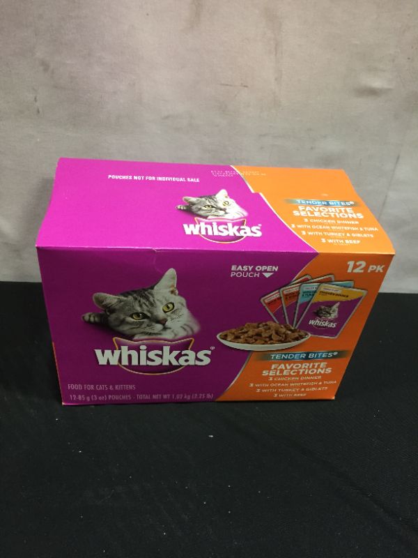 Photo 2 of (12 Pack) WHISKAS TENDER BITES Favorite Selections Variety Pack Wet Cat Food, 3 oz. Pouches   Exp---05-2021
