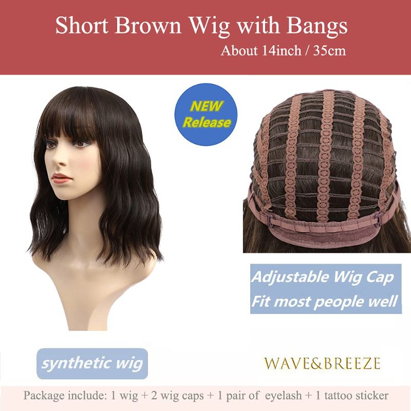 Photo 1 of 14 Inch Short Brown Wavy Wigs For Women With Bangs Synthetic Curly Wave Cute Wig Wavy Bob Heat Resistant Fiber Daily Party Wigs 2 Wig Caps (14 Inch Brown)
