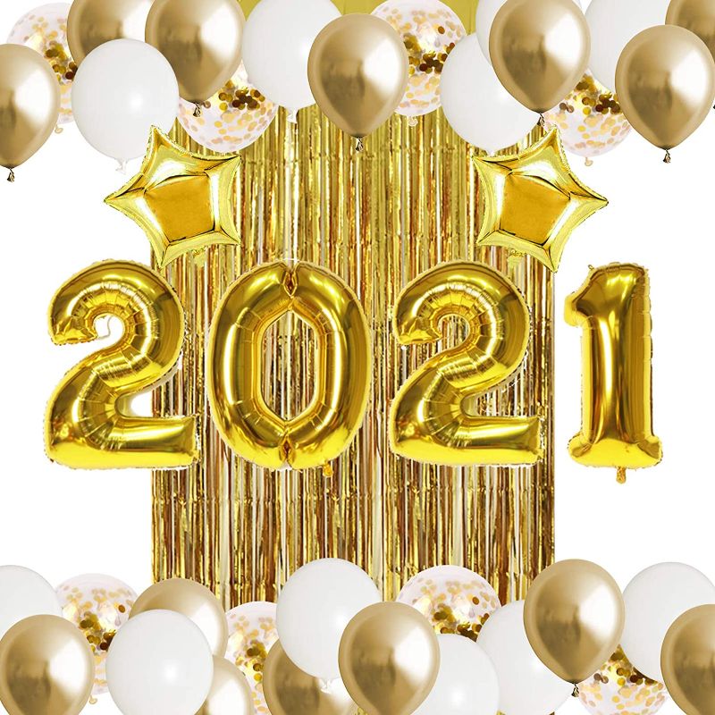 Photo 1 of 2021 Graduation Party Decorations 32" 2021 Gold Foil Balloons with Tinsel Curtain Stars Foil Balloons Confetti Balloons for 2021 New Year Eve Party Graduation
