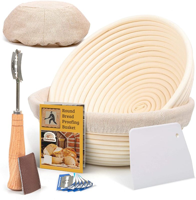 Photo 1 of 9 Inch Bread Banneton Proofing Basket Round with Liner Cloth– Set of 2 + Premium Bread Lame and Slashing Scraper